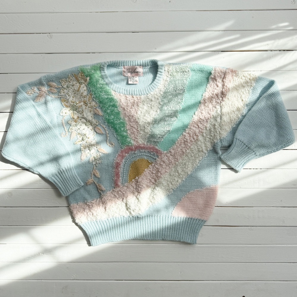 rainbow sparkly light blue abstract knit 80s vtg sweater
